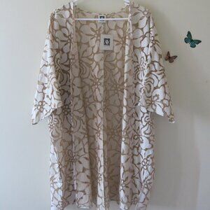 Ann Klein Bohemian Big Floral Cotton Blend Lace Cardigan Kimono Style Size S/M